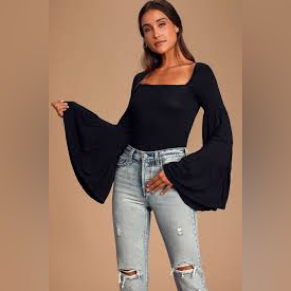 Free People Black Long Sleeve Top Babetown Black Bell Sleeve Size Small - Picture 1 of 10